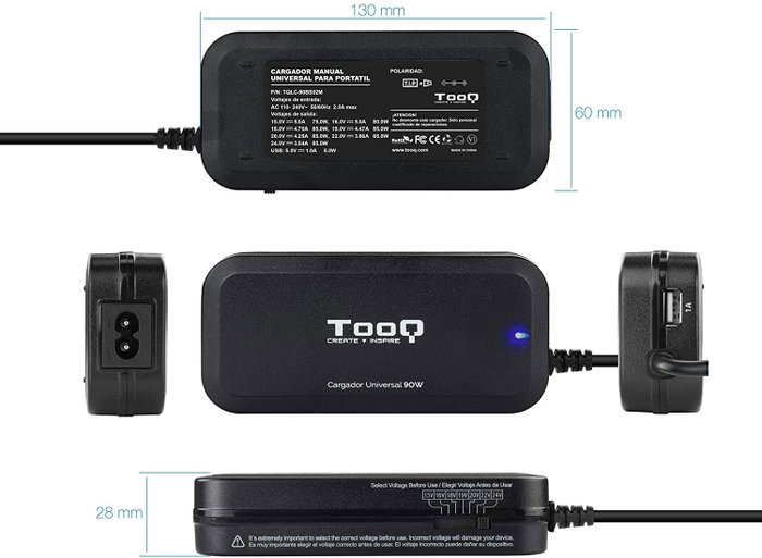 TOOQ Cargador Universal para Portátil 90W con 12 Conectores y USB TOOQ Cargador Universal para Portátil 90W con 12 Conectores y USB